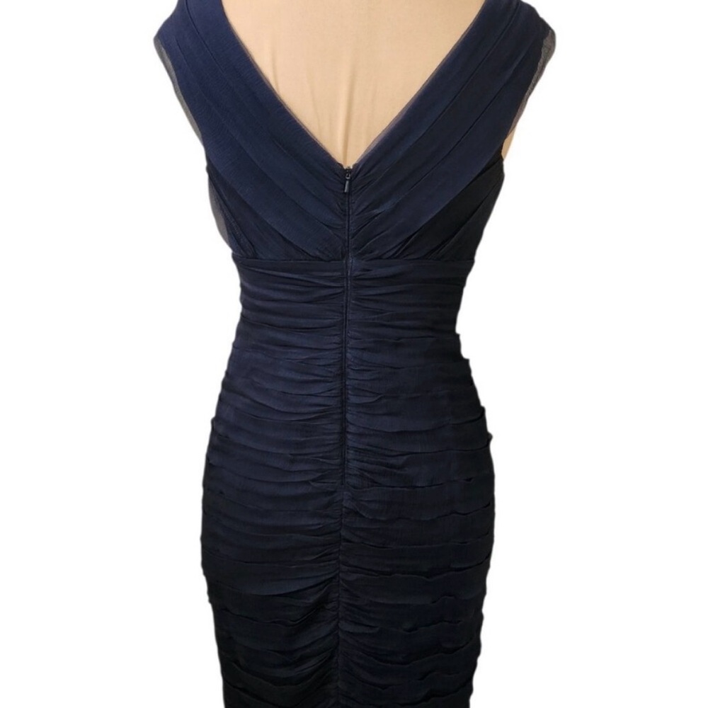 TADASHI SHOJI Navy Blue Silk Ruched Pintuck V-Neck Cocktail Dress - Size 8P
